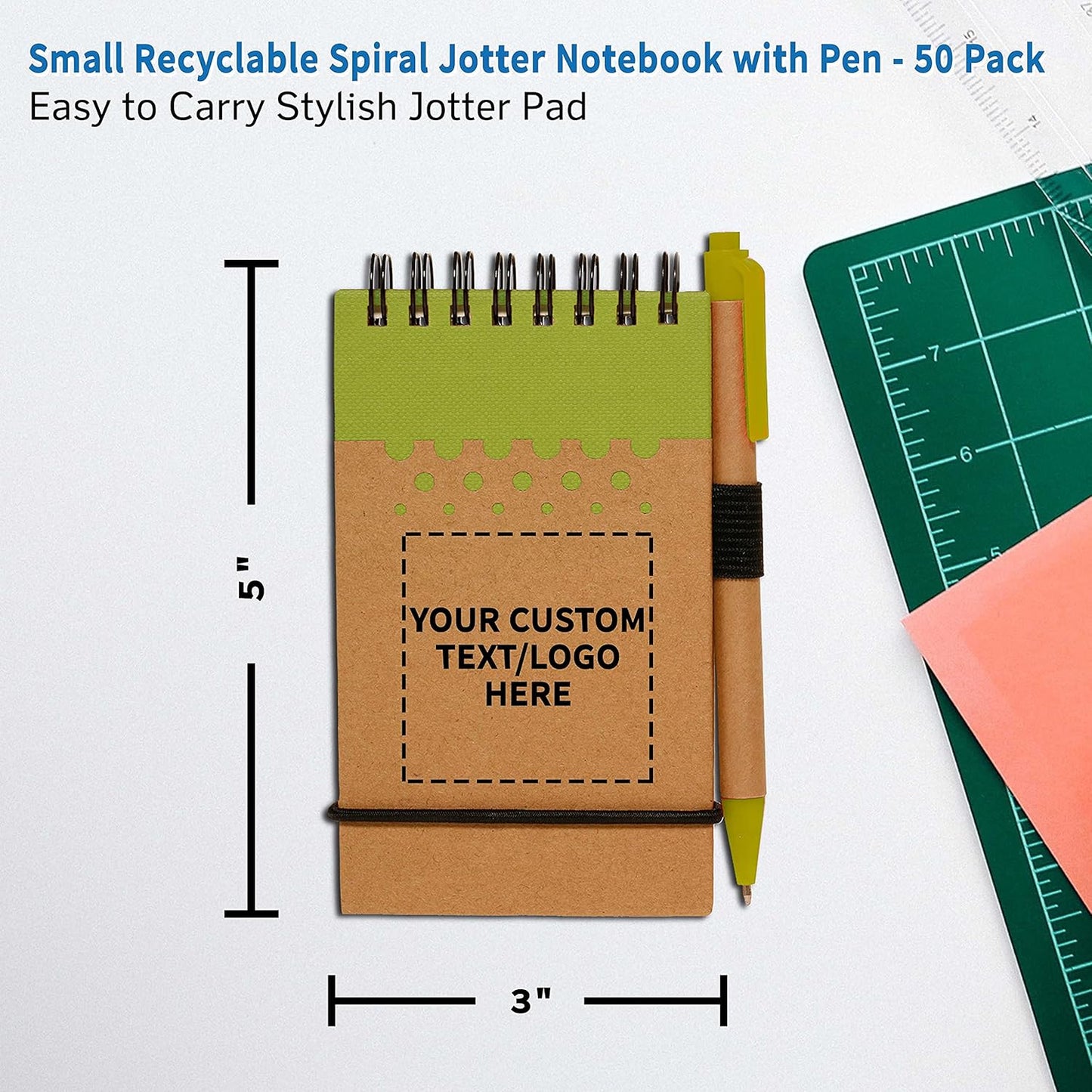 DISCOUNT PROMOS 50 Recyclable Spiral Small Notebooks Pack - Customizable Text, Logo - 60 Lined Pages - Lime Green
