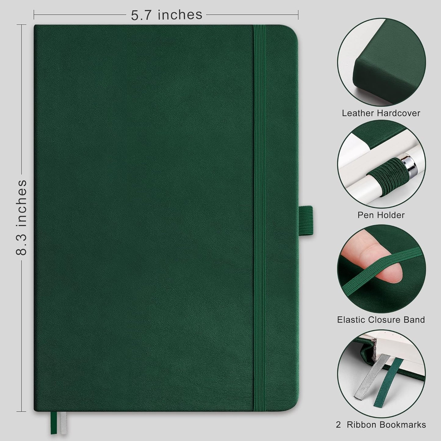 RETTACY Bullet Dotted Journal Notebook, 2-Pack, 160 Numbered Pages per Pack, A5 Medium Size (5.7'' x 8.3''), 120 GSM Thick Paper, Leather Hardcover, for Bullet Journaling (Black & Dark Green)