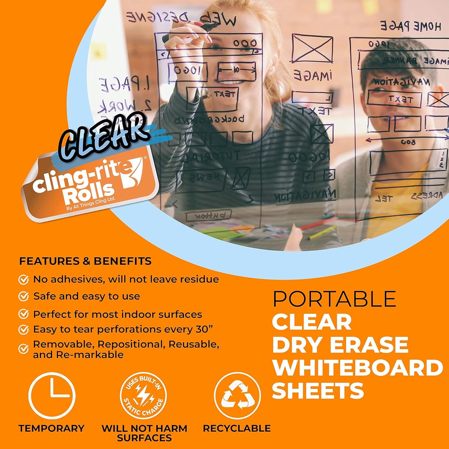 Clingers Clear Dry Erase Cling-rite Rolls - Removable, Recyclable Whiteboard Sheets, 20x30 Inch, 20 Clear Sheets for School, Office Decor, and Art Projects & Dry Erase Marker Included - American Made