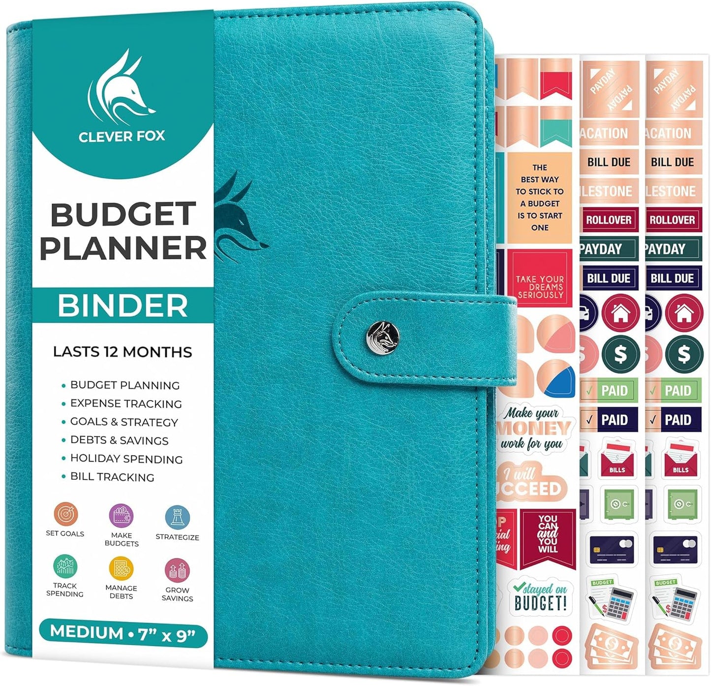 Clever Fox Budget Planner Binder – Monthly Financial Organizer Book with Pockets, Bill Tracker, Expense Tracker & Cash Envelopes – Undated Finance Journal for Budgeting – 7″ x 9″ (Turquoise)