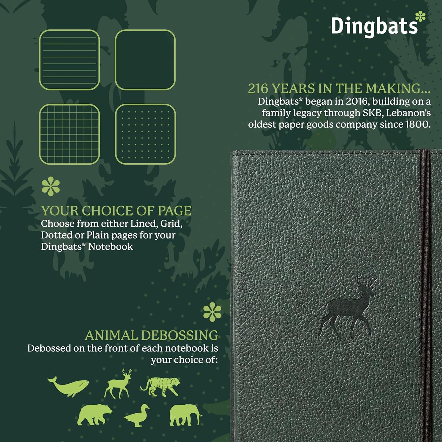 Dingbats A5 Wildlife Notebook Journal Hardcover, Cream 100gsm Ink-Proof Paper, 6.1 x 8.5 inches, 192 pages (Green Deer, Squared)