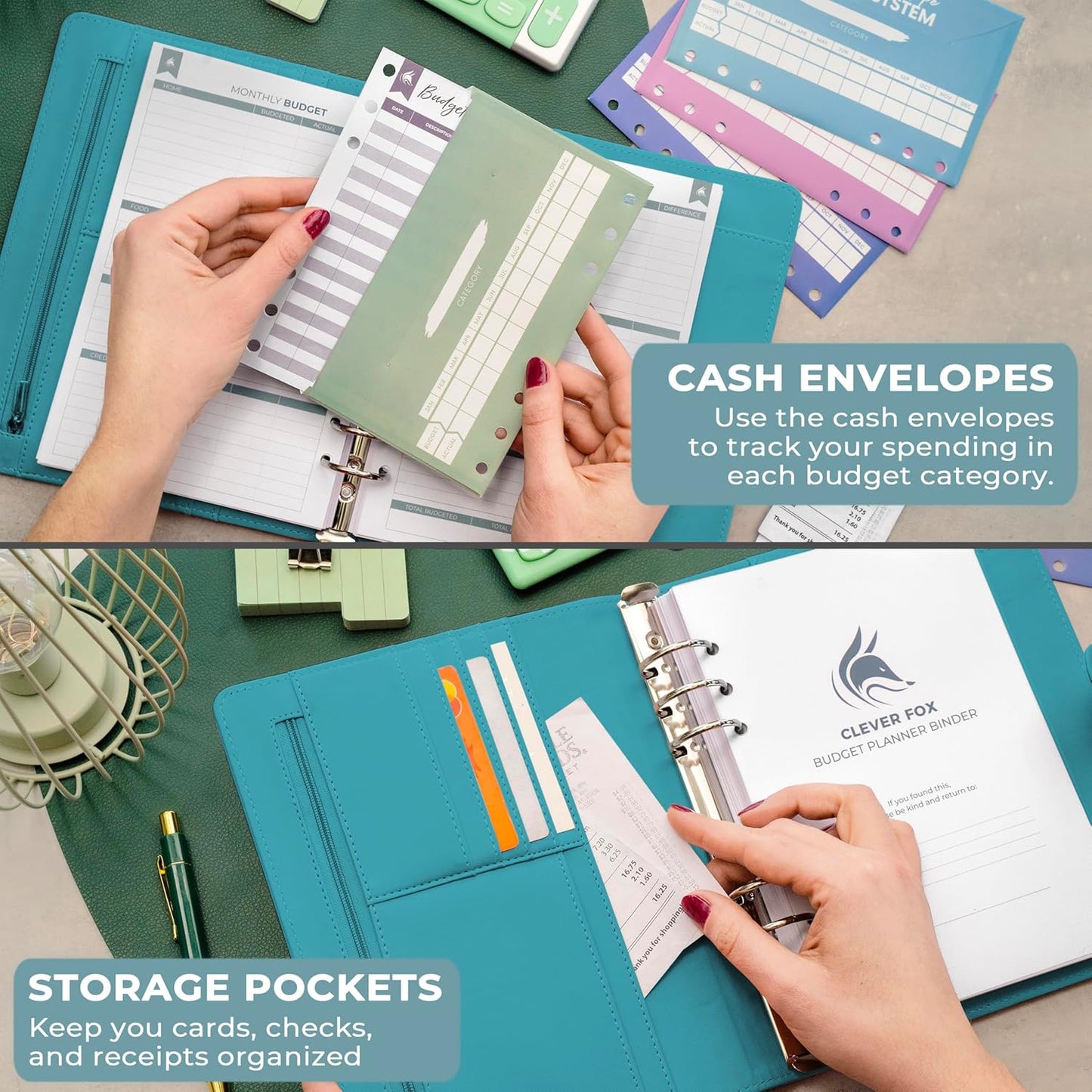 Clever Fox Budget Planner Binder – Monthly Financial Organizer Book with Pockets, Bill Tracker, Expense Tracker & Cash Envelopes – Undated Finance Journal for Budgeting – 7″ x 9″ (Turquoise)