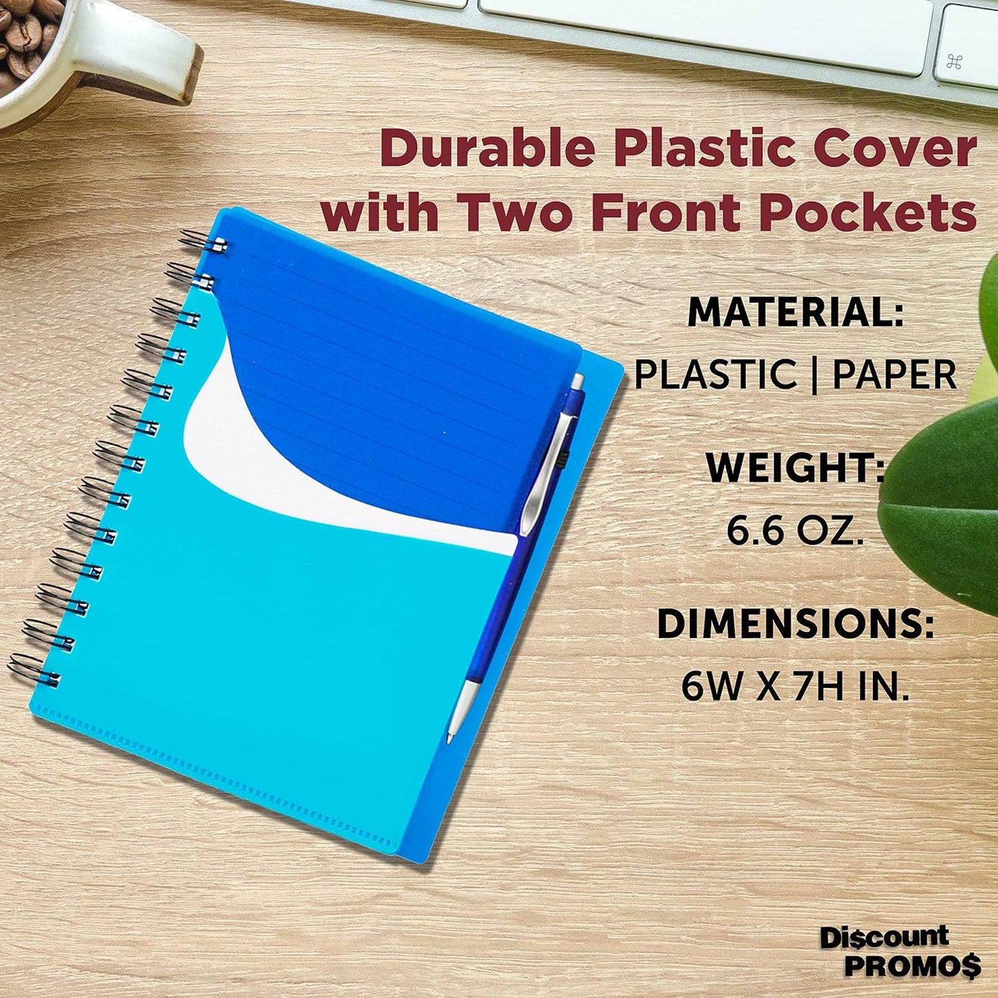 DISCOUNT PROMOS Spiral Notebooks with Front Pocket Set of 10, Bulk Pack - Durable Plastic Cover, Includes Matching Pen in Blank Ink, Perfect for School, Office, Home - Blue