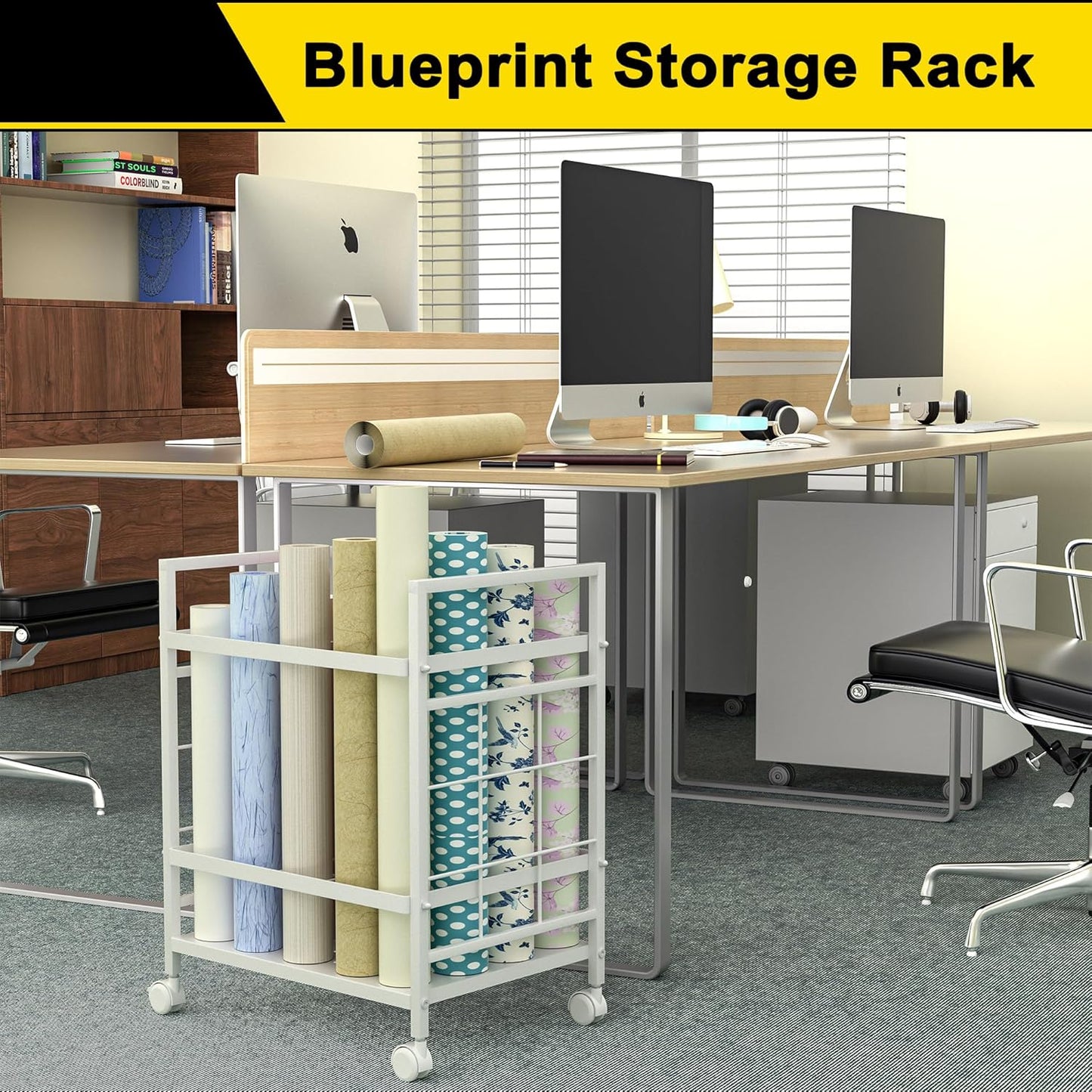 Blueprint Storage Rack, Blueprint Holder with Wheels, Used for Storing Blueprint/Carpet/Map/Poster/Architectural Construction Plan, 20 Slots, 2 Brakes, Silent wheel for Home, Office, School(Black)