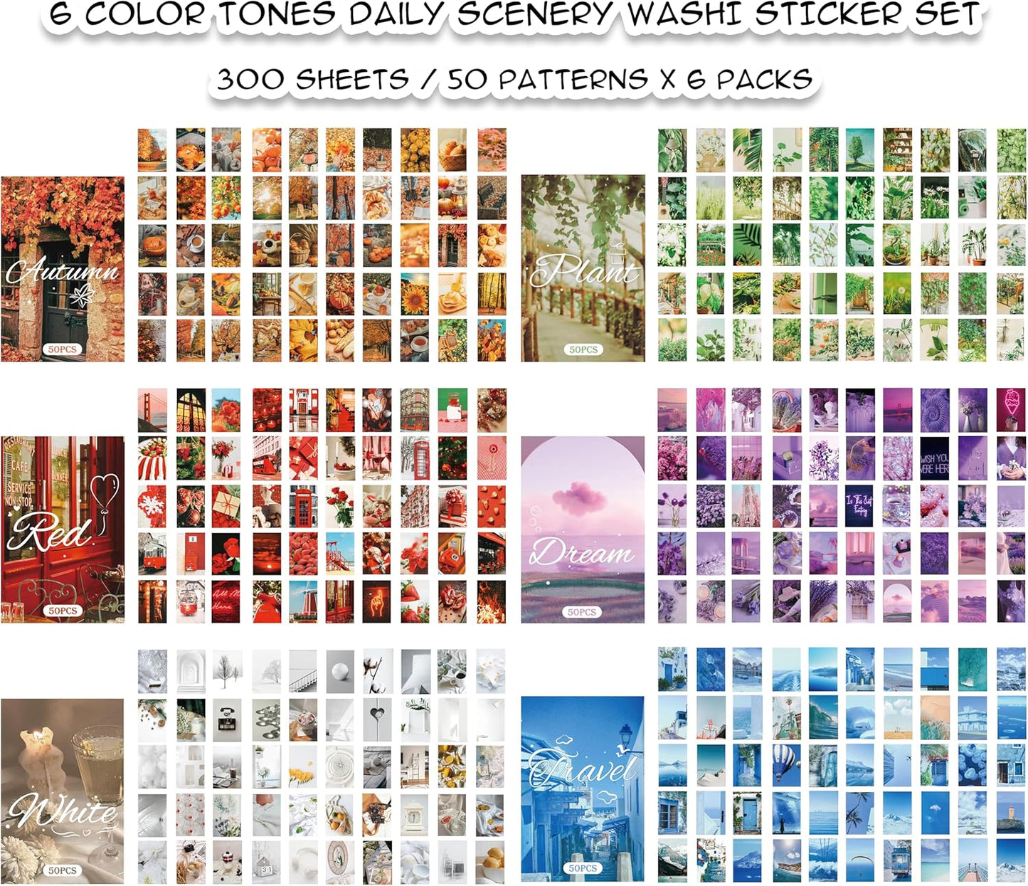 6 Sets 300 Pcs Washi Stickers Set Assorted Colors Aesthetic Sticker Book for Journaling, Daily Scenery Life Stuff Decorative Paper Sticker Decals for Scrapbooking Junk Journal Diary Album