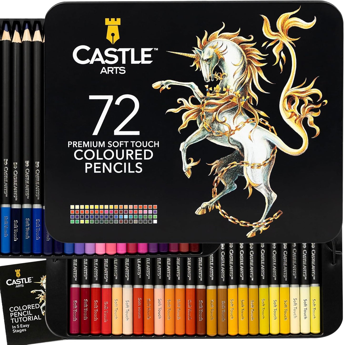 Castle Art Supplies Colored Pencils Set | 72 Premium Soft Core Colored Leads for Adult Artists | Organized in Presentation Tin Case
