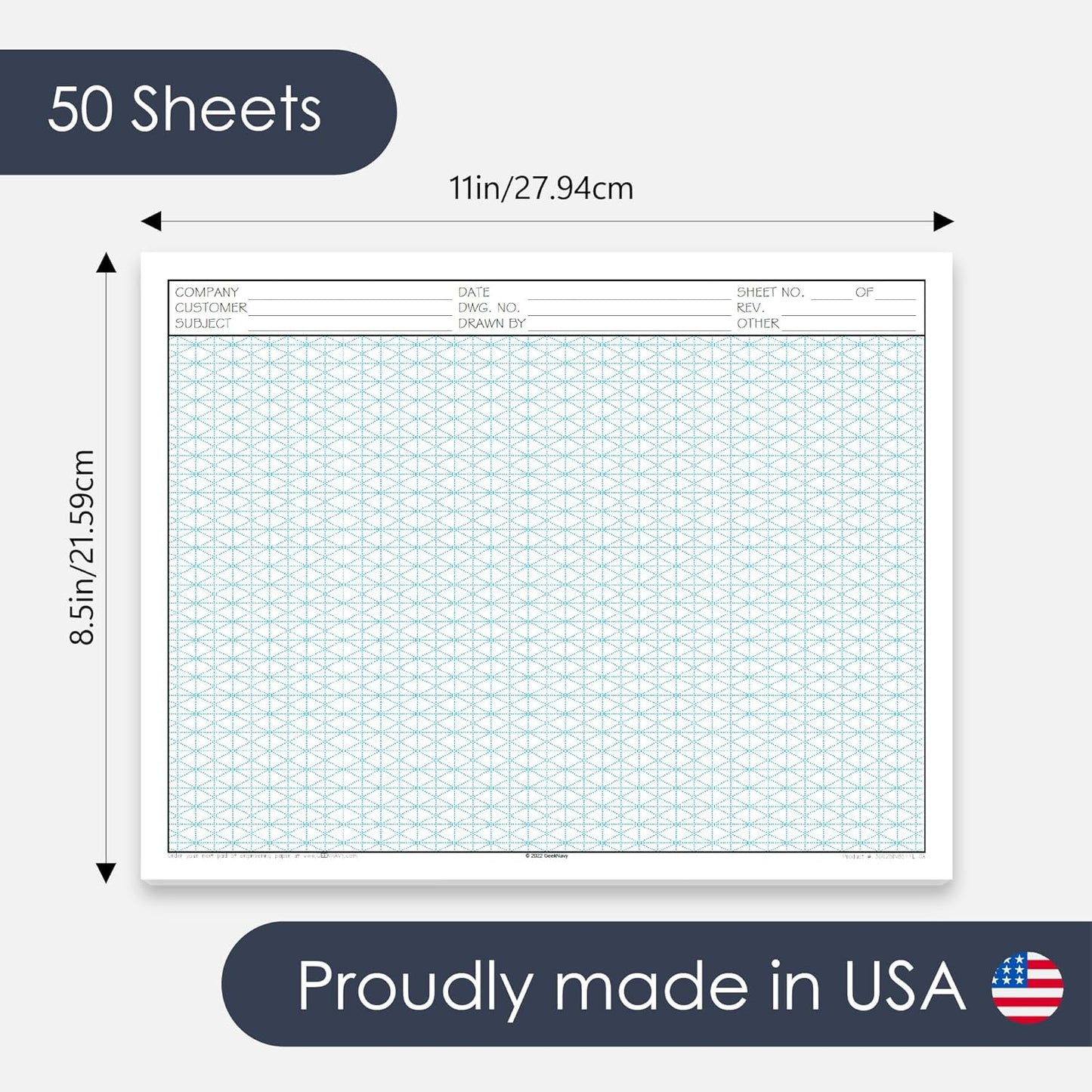 8.5" x 11" Isometric Graph Paper 50 Sheets Landscape - 0.25" Grid, Non-photo Blue, High Brightness, Drafting, Engineering, Art, 3D Design (1-Pack)