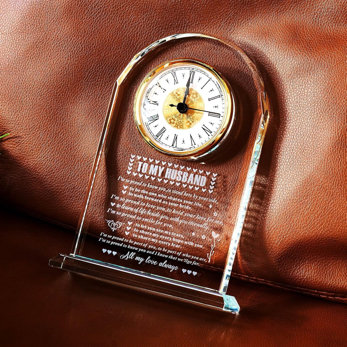 Gifts for Husband from Wife，Romantic Birthday Gifts for Husband Home Office Desk Decorations, Christmas, Wedding Anniversary, Valentine's Day and Father's Day Gifts Glass Clock Gift (Battery not Included) (Husband Gifts)