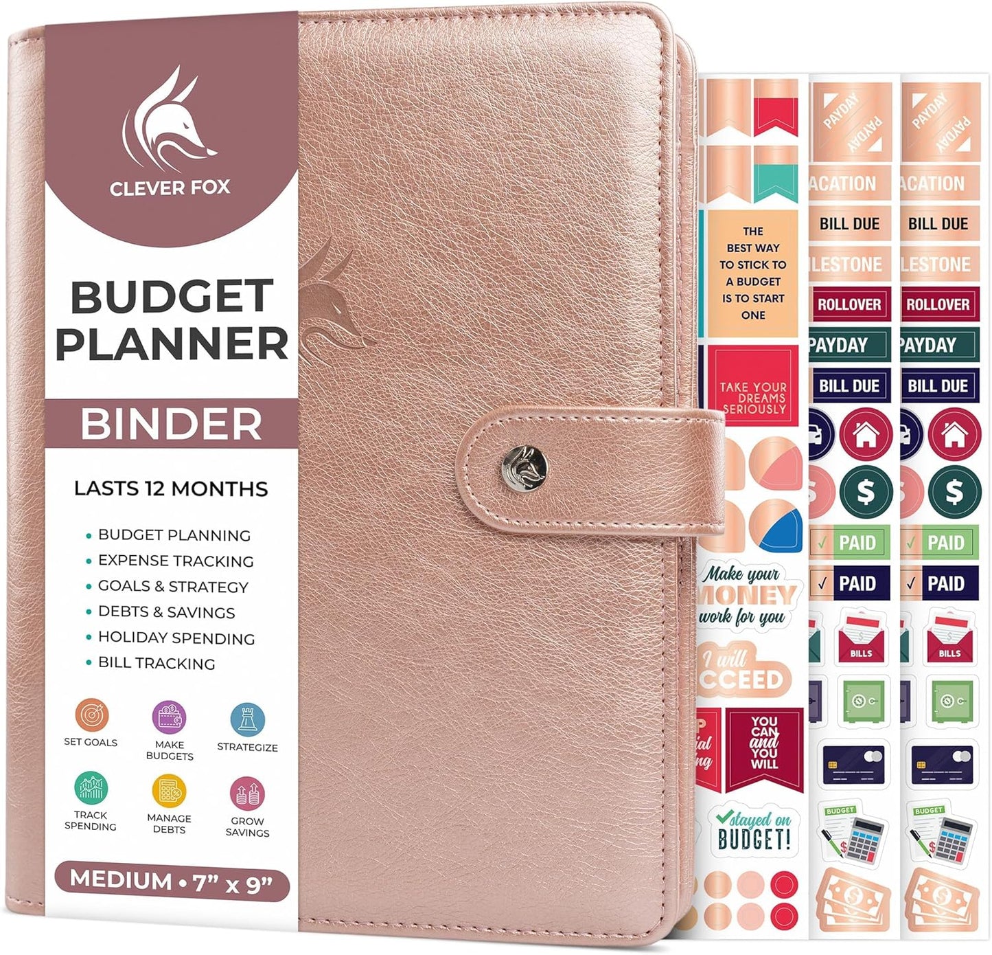 Clever Fox Budget Planner Binder – Monthly Financial Organizer Book with Pockets, Bill Tracker, Expense Tracker & Cash Envelopes – Undated Finance Journal for Budgeting – 7″ x 9″ (Rose Gold)
