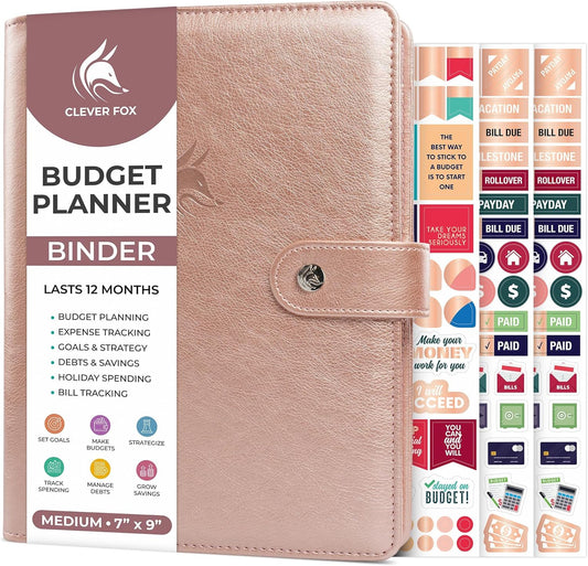 Clever Fox Budget Planner Binder – Monthly Financial Organizer Book with Pockets, Bill Tracker, Expense Tracker & Cash Envelopes – Undated Finance Journal for Budgeting – 7″ x 9″ (Rose Gold)