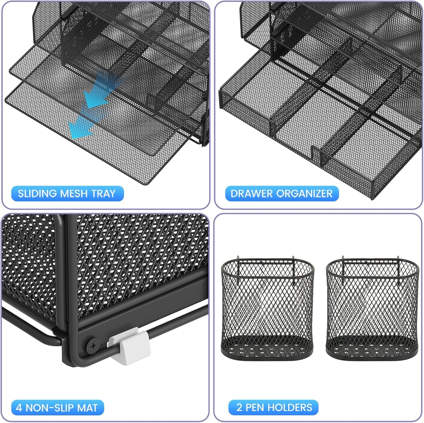 Desk Organizers and Accessories, 5-Tier Paper File Organizer with Drawer & Pen Holder, Office Desk Accessories Workspace Desktop Organizer for Office Supplies(Black)