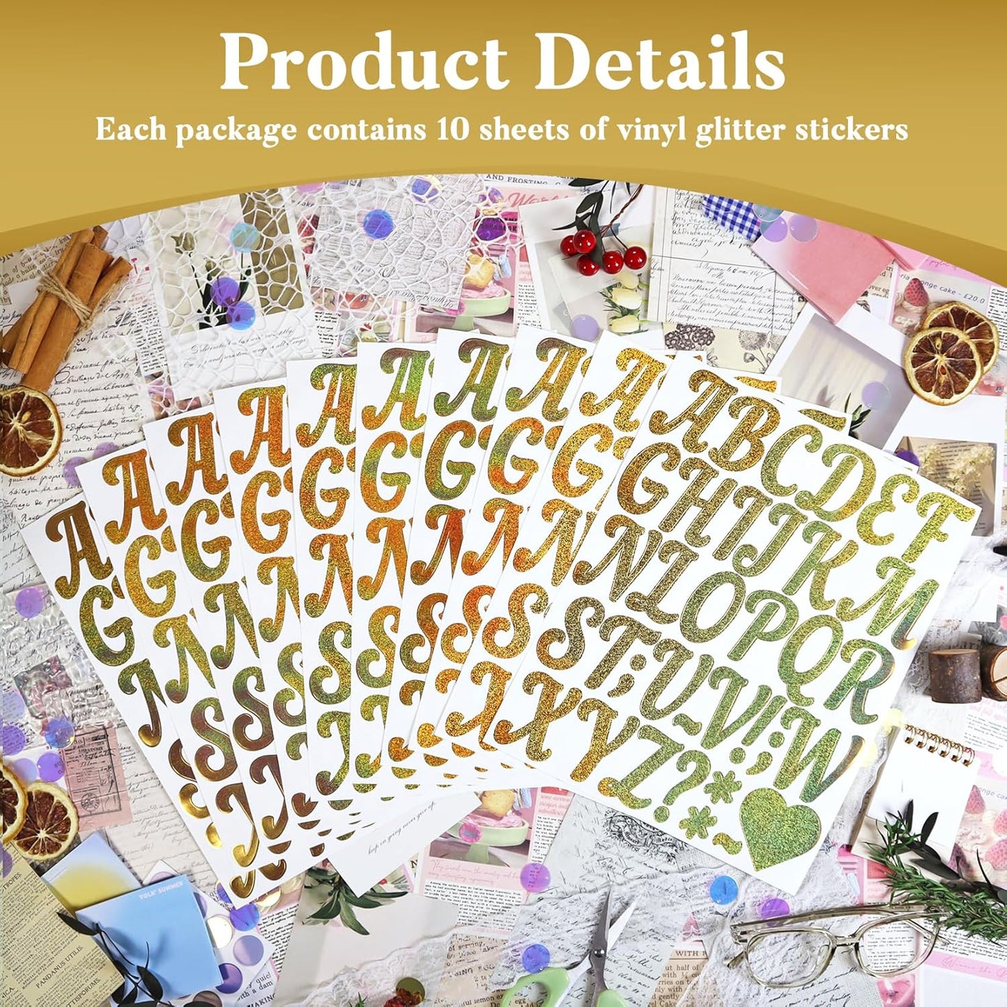 Glitter Letter Stickers,10 Sheets 2 Inches Self-Adhesive Vinyl Letters Alphabet Sticker Decals for Scrapbook,Door,Mailbox,Bulletins Boards - Gold