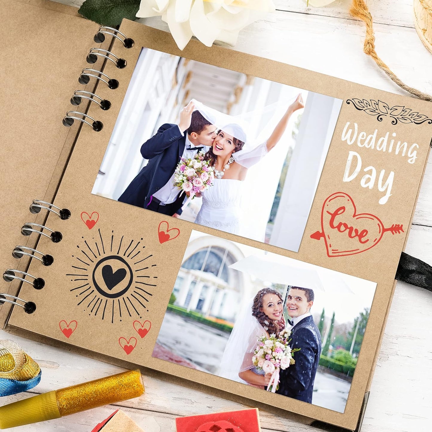 Bstorify Square Scrapbook Photo Albums 36 Pages (7 x 7 inch) Brown Thick 200gsm Kraft Paper Scrap Book, Ribbon Closure - Ideal for Your Scrapbooking Albums, Art & Craft Projects (7 x 7 Inch, Brown)