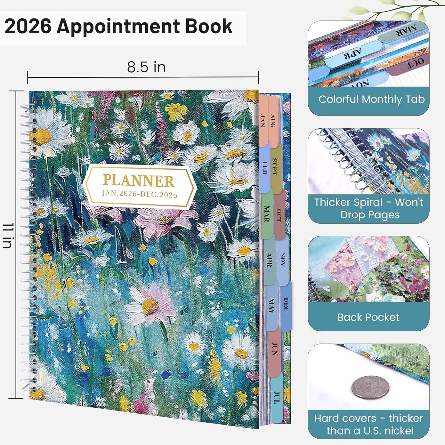 CAGIE Planner 2026 Monthly (Jan. 26-Dec. 26), 12 Month Academic Planner 8.5"x11", Large Daily Planner with Hourly Timeslot, Monthly Tab, Spiral Binding, Bookmark