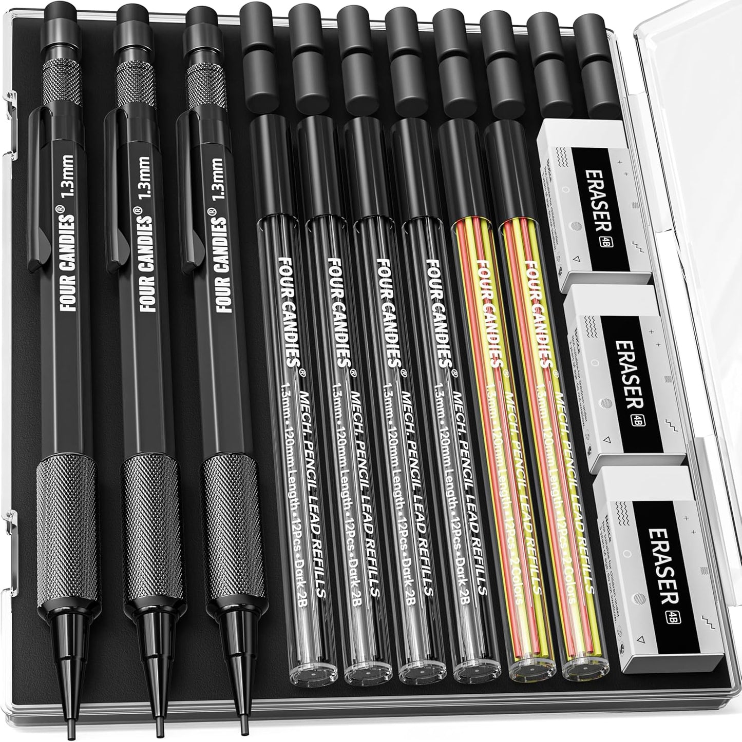 Four Candies 1.3mm Mechanical Pencil Set with 72 Lead Refill, 3PCS Metal Weatherproof Body Heavy Duty Carpenter Pencil, 3 Eraser, 16 Eraser Refill, for Outdoor Woodworking Drafting Marking with Case