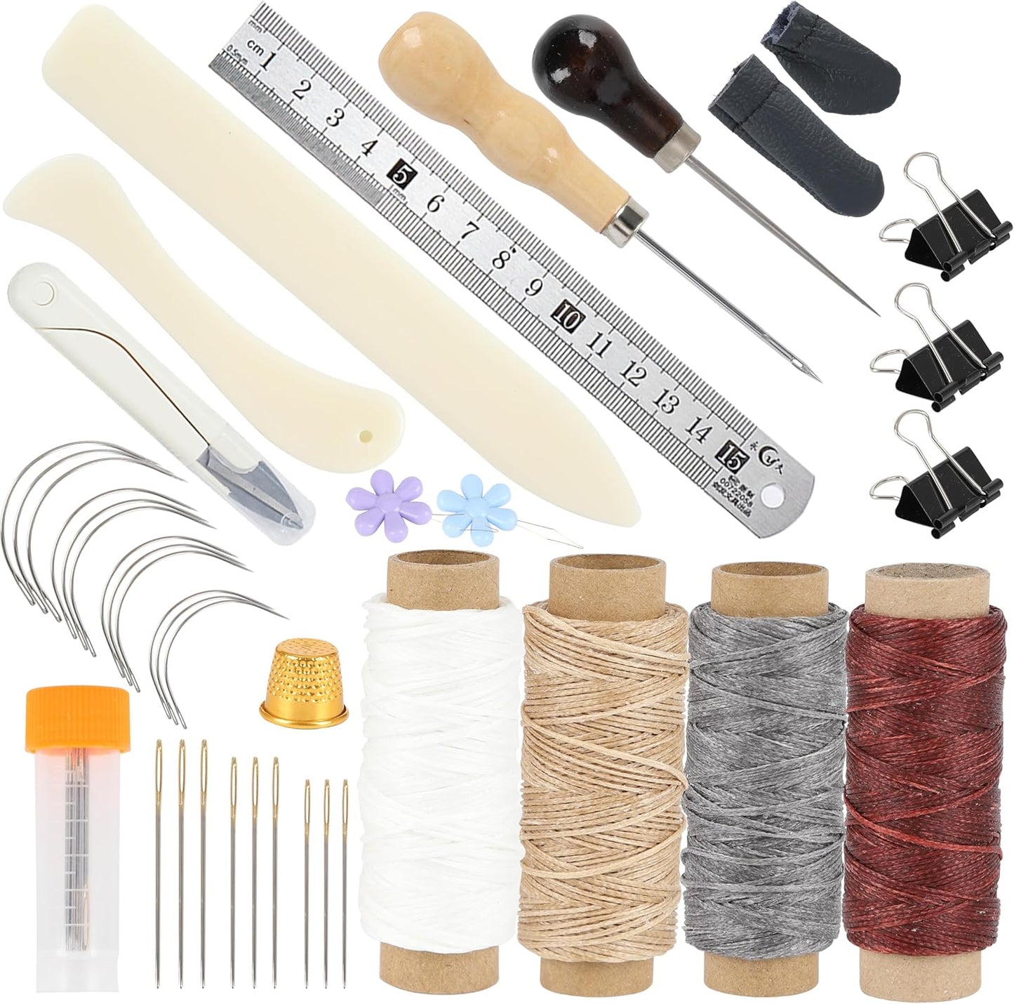 39 Pcs Bookbinding Tools Kit with Bone Folder, Waxed Thread, Binding Ribbon, Glue Brush, Awl, Needles, Ruler for DIY Bookbinding, Paper Crafts, and Book Repair