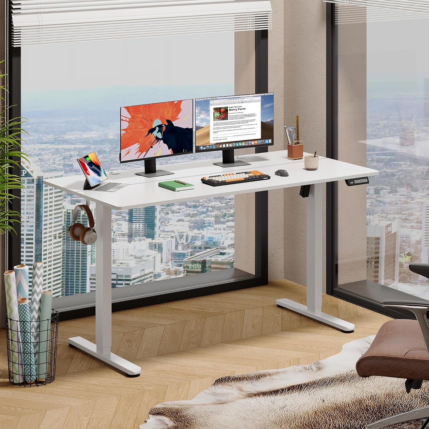 DEVAISE 55 Inch Electric Standing Desk, 3 Adjustable Height Stand up Desk for Home Office, Ergonomic Sit to Stand Desk with LED Touchscreen, Headphone Hook, 3 Memory Preset Computer Desk (White)