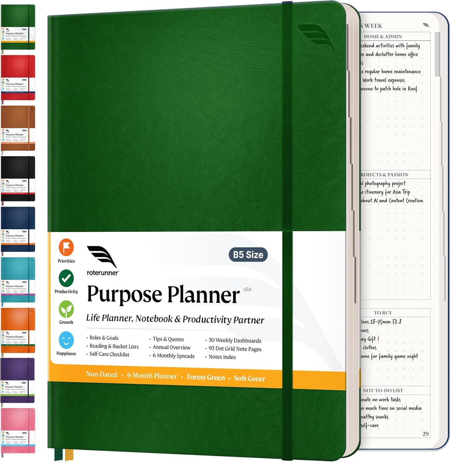 Roterunner Purpose Planner Notebook B5 7.5”x9.8” Undated Planner 2025 Daily Weekly and Monthly Productivity Goal Setting Tool for Work Home ADHD Planner for Adults Self Care Journal