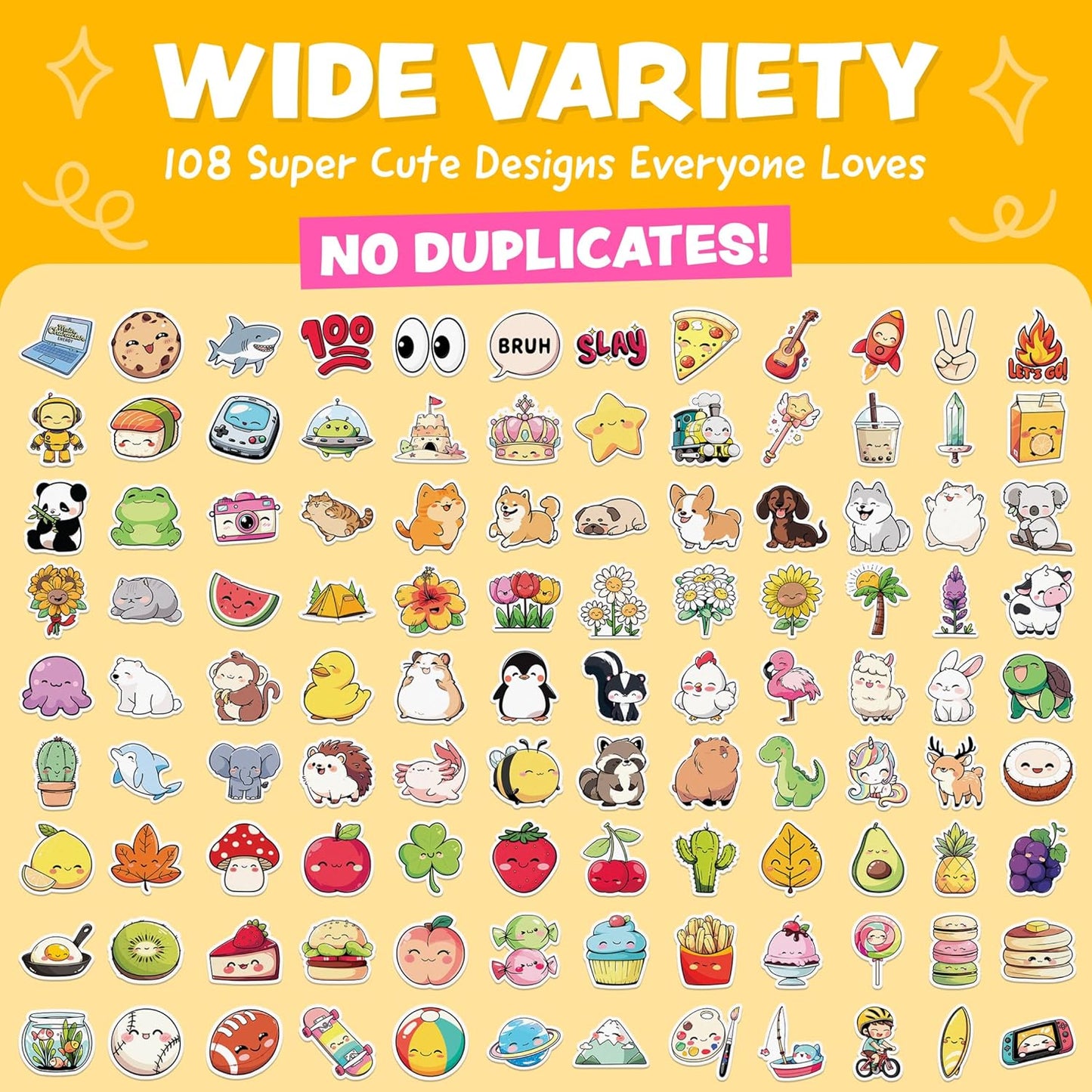 Cute Stickers for Kids - Kawaii Stickers for Kids Classroom Decor, Water Bottle & Teacher Rewards - 108pc Easy Peel Bulk Pack for Teens - Waterproof Vinyl Decals - Scrapbooking, Journaling, Notebook