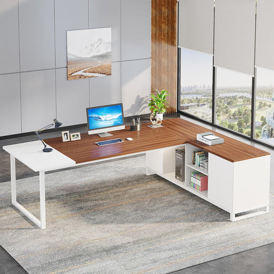 Tribesigns 70.8" L-Shaped Executive Desk with 55" File Cabinet, Large Home Office Computer Desk with Storage Shelves and Cabinet, Modern Business Furniture Set Home Office, Walnut White