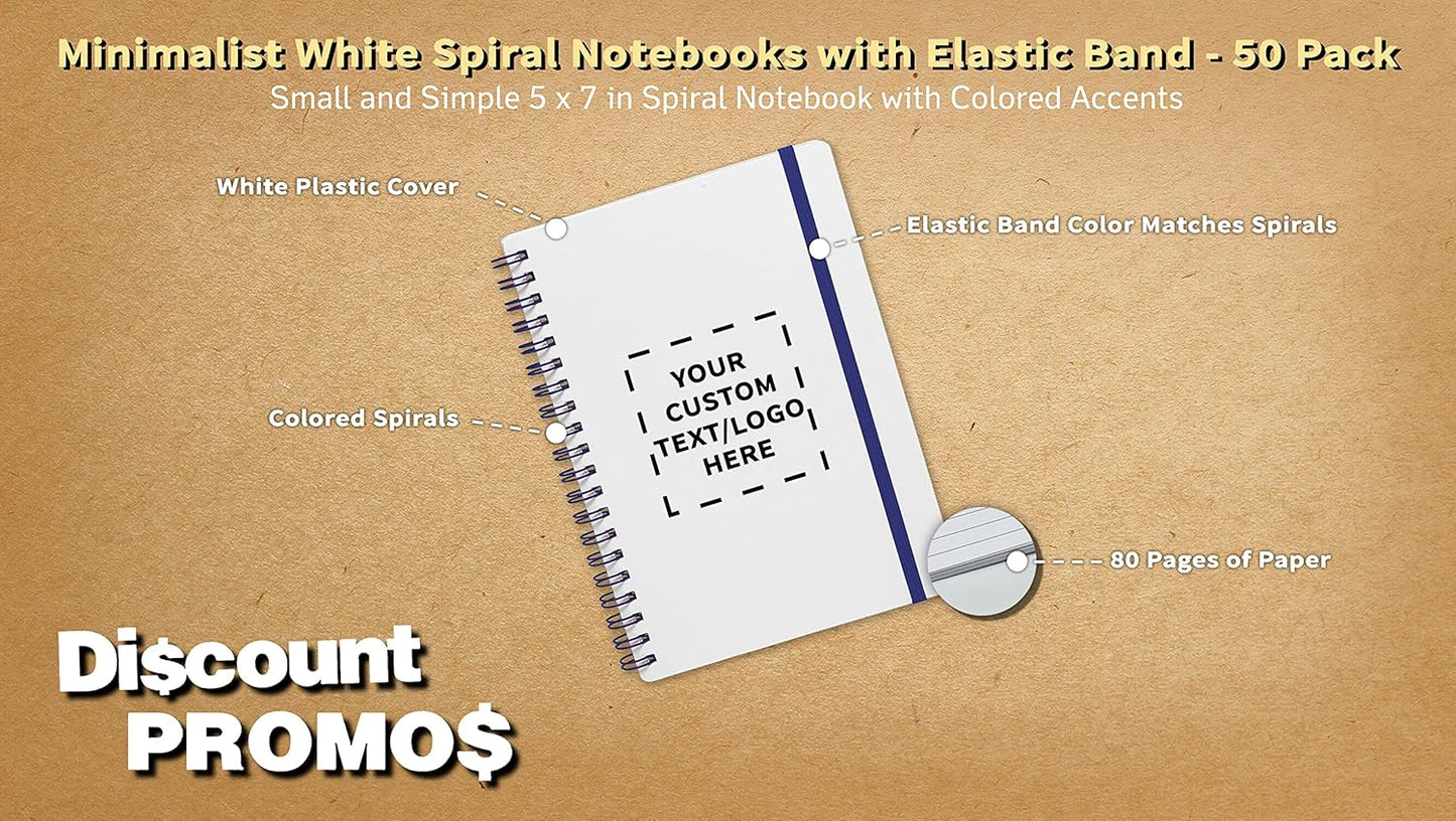 50 White Spiral Notebooks with Elastic Band Pack - Customizable Text, Logo - 80 lined pages, Recycled - Blue
