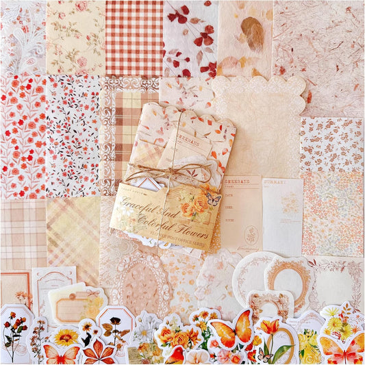 Doraking 100pcs Vintage Floral Scrapbook Paper Journaling Stickers Assorted Set, Material Paper Memo Junk Journal Supplies for Bullet Journaling Retro Crafts Planner Collage Card Album