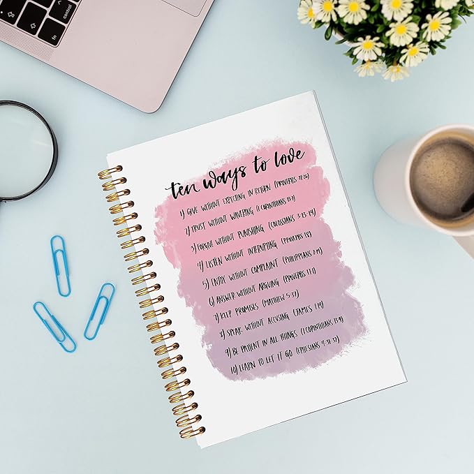 VNWEK Ten Ways to Love Inspirational Bible Verse Scripture Pink Spiral Notebook Journal 5.5 x 8.3 inches,Christian Lined Hardcover Spiral Notebook,Christian Gifts for Women Teen Girls