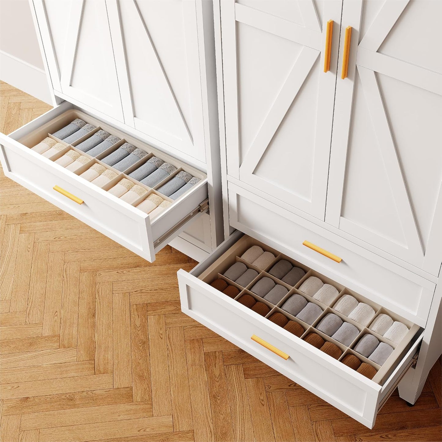 71'' Farmhouse Metal Wardrobe Cabinet with Hanging Rod, 2 Barn Door Wardrobe Closet with Adjustable Shelves,2 Drawer,for Dining Room,Bedroom,Living Room, Cloak Room,Office (White)