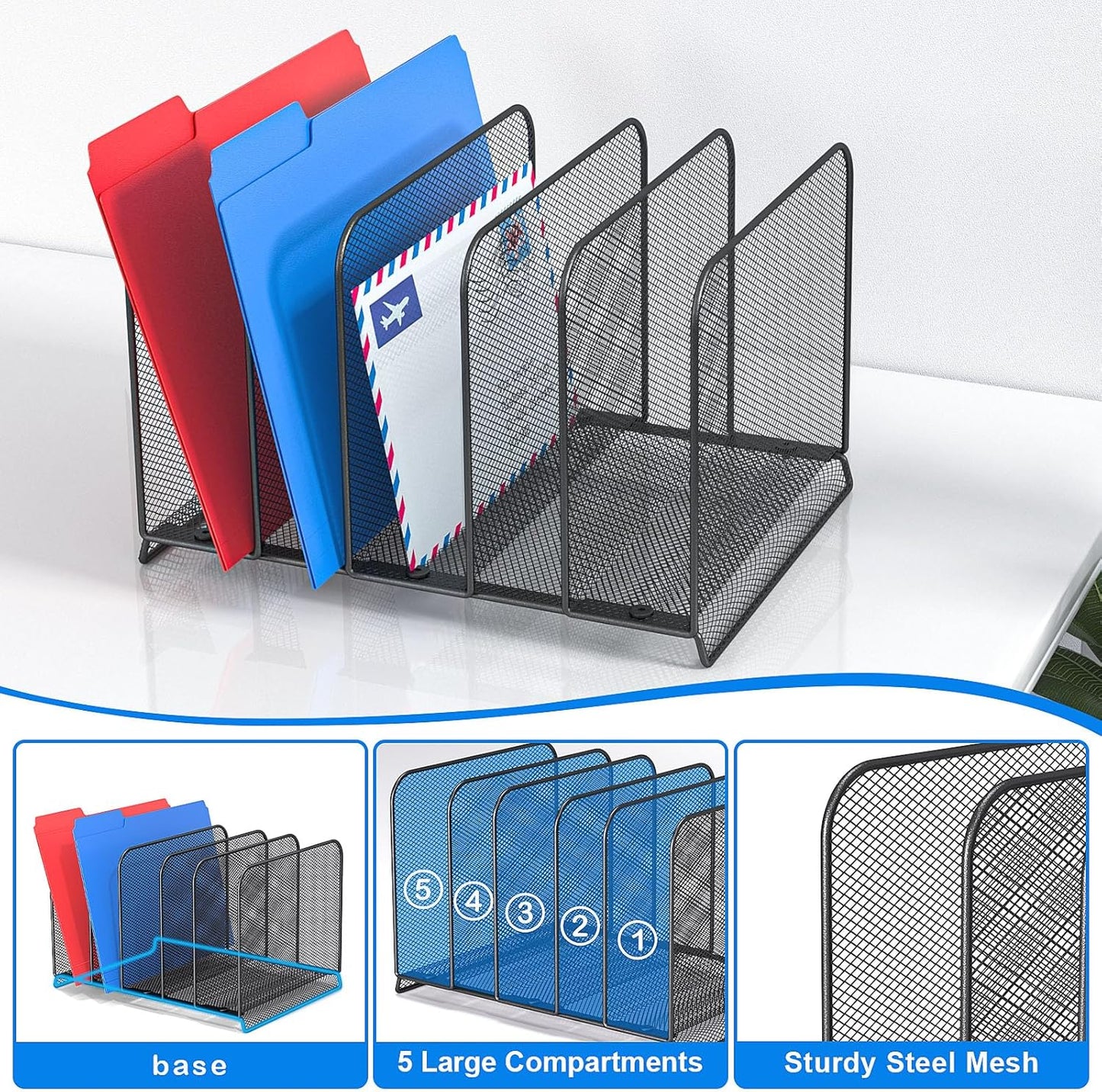 5 Sections Desk File Holder/Rack/Sorter,Mesh File Organizer,File Folder Organizer,Metal Upright Desktop Organization for Documents,Magazine,Kitchenware,Antiskid,Antirust,Sturdy,2 Packs