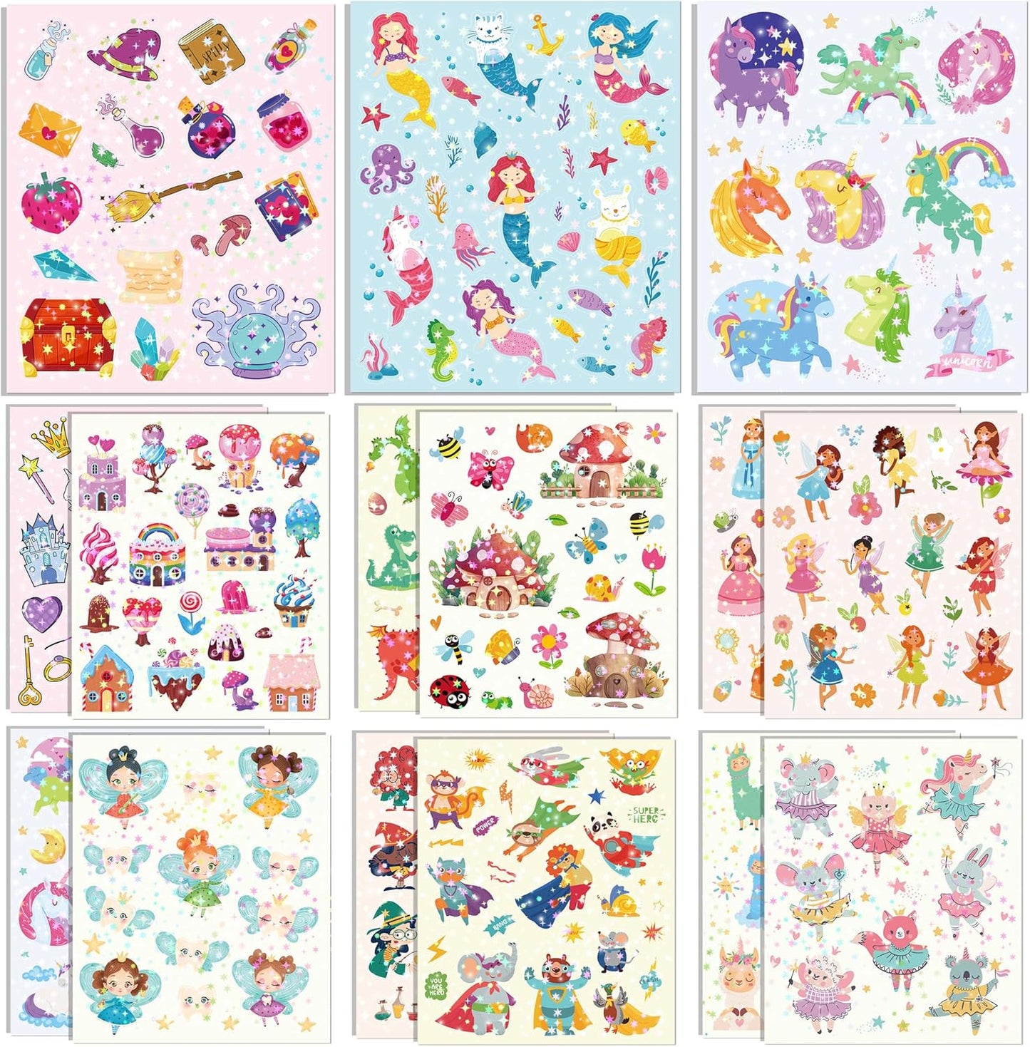 300+ Holographic Stickers for Kids, 15 Different Sheets of Fairy Tale Themed Glitter Kids Stickers, Princess, Mermaid, Dragon, Unicorn and More, Gifts for Toddlers Boys and Girls
