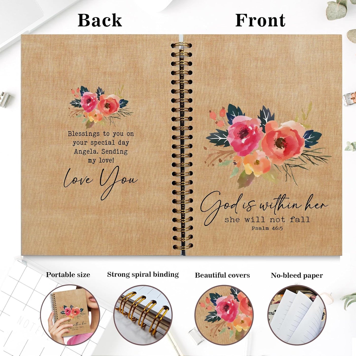 Bible Notebook, A5 Spiral Christian Journal with Floral Pink Butterfly Notebook, Bible Verse-He Restores My Soul, Inspirational Notebooks for Women, Bible Study, Gift for Birthday Christmas, Office Supplies (Brown)