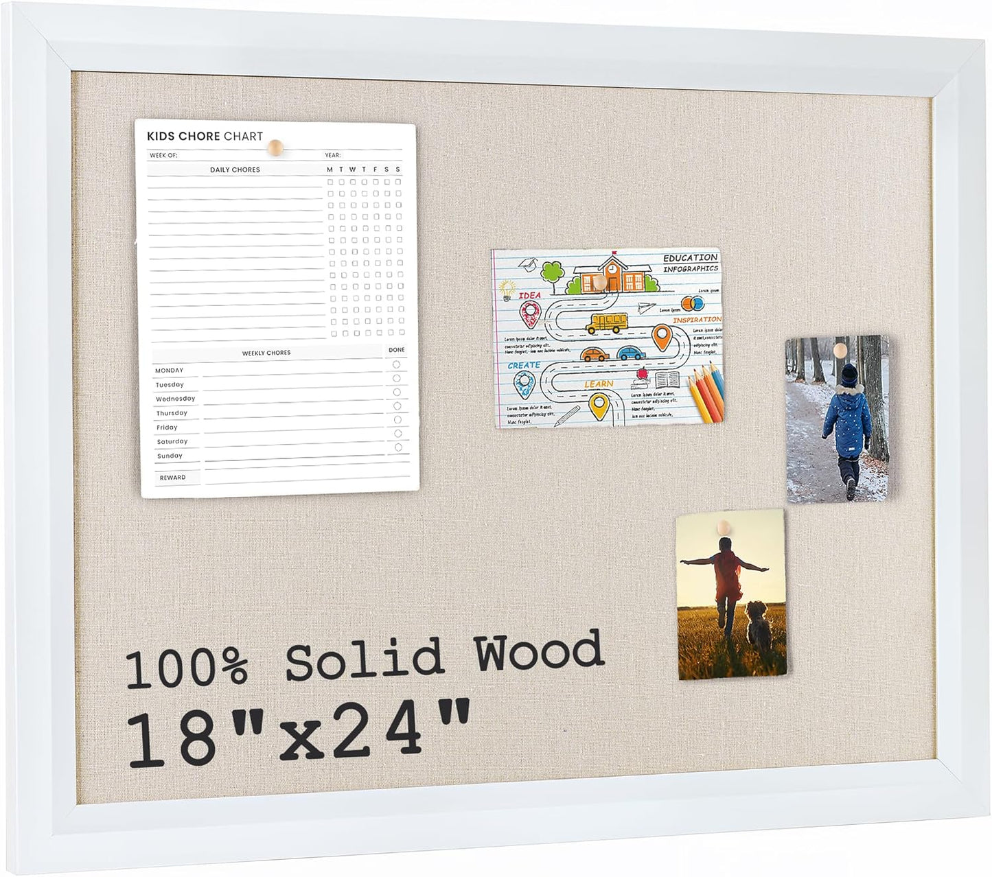Bulletin Board Cork Board with Linen, 100% Wood Framed 18" x 24" Bulletin Board Decorations, Pin Boards for Walls, Wall Mounted Fabric Picture Board with 10 Pushpins for School, Home & Office, White
