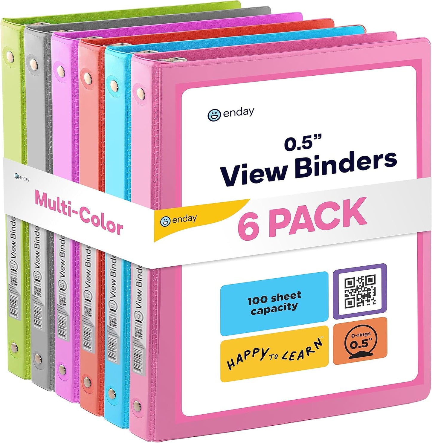 ½ Inch 3 Ring Binder, .5 Inch Round Ring Clear View Cover with 2 Inside Pockets Binders, Colored School Supplies Binders in Grey, Pink, Blue, Purple, Green and Red, Multicolor (6 PC) – by Enday