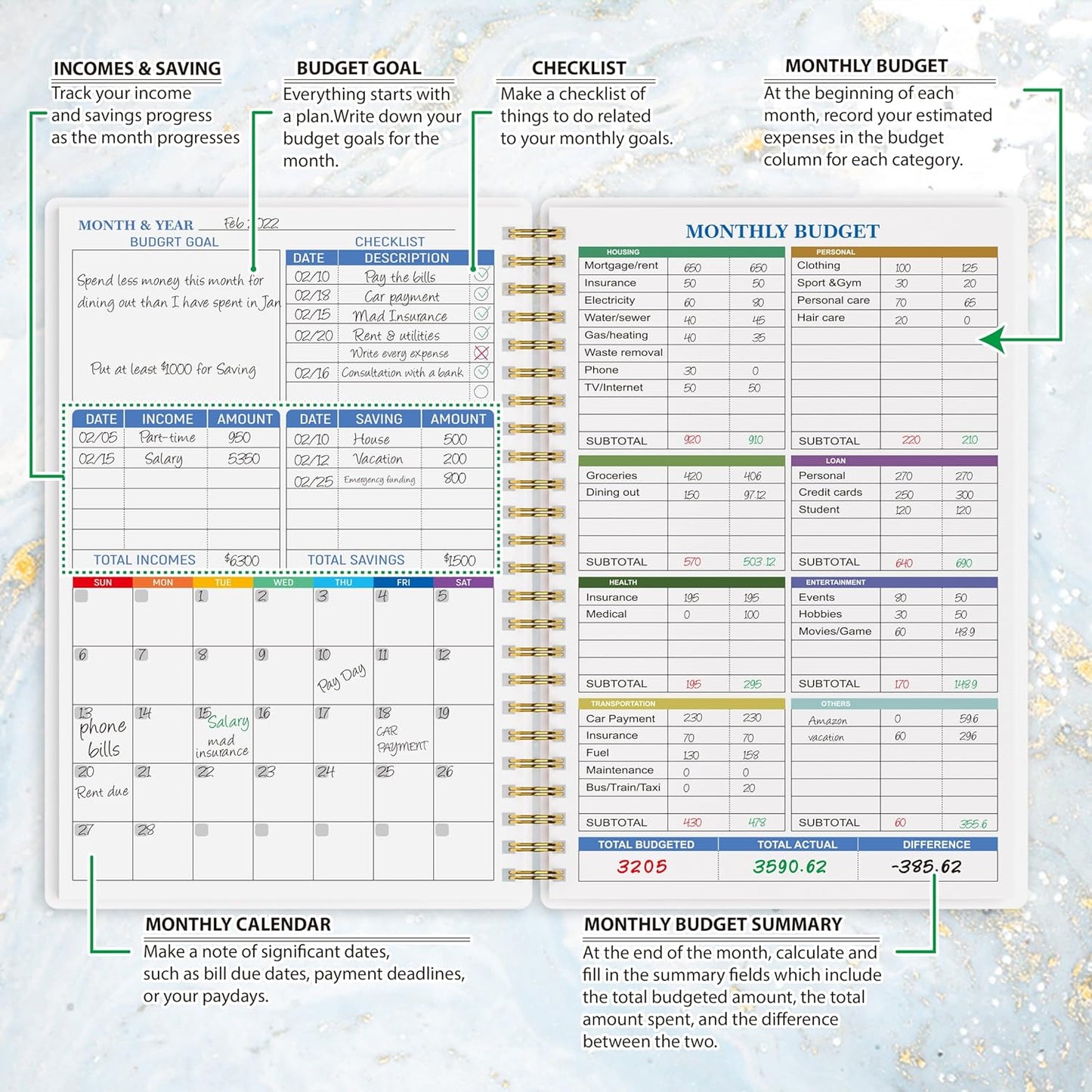 Budget Planner - Monthly Finance Organizer with Expense Tracker Notebook to Manage Your Money Effectively, Undated Finance Planner/Account Book, Start Anytimem,A5(8.6x5.9 inchs),100gsm Paper - Water