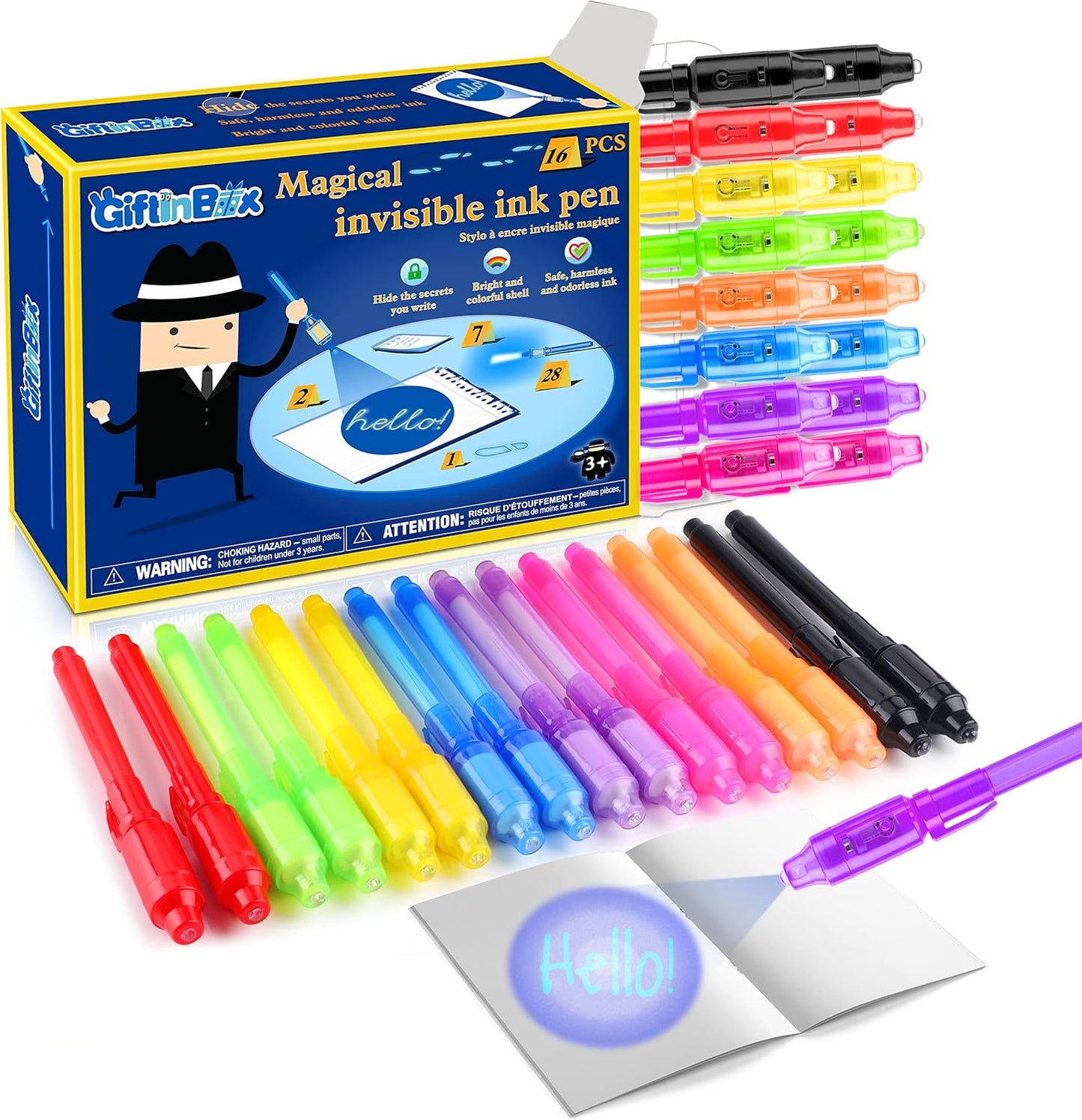 GIFTINBOX Invisible Ink Pen, 16PCS Spy Pen with UV Light for Kids, Birthday Party Favors for Kids 4-8 8-12, Classroom Prize for Students Magic Marker for Secret Message