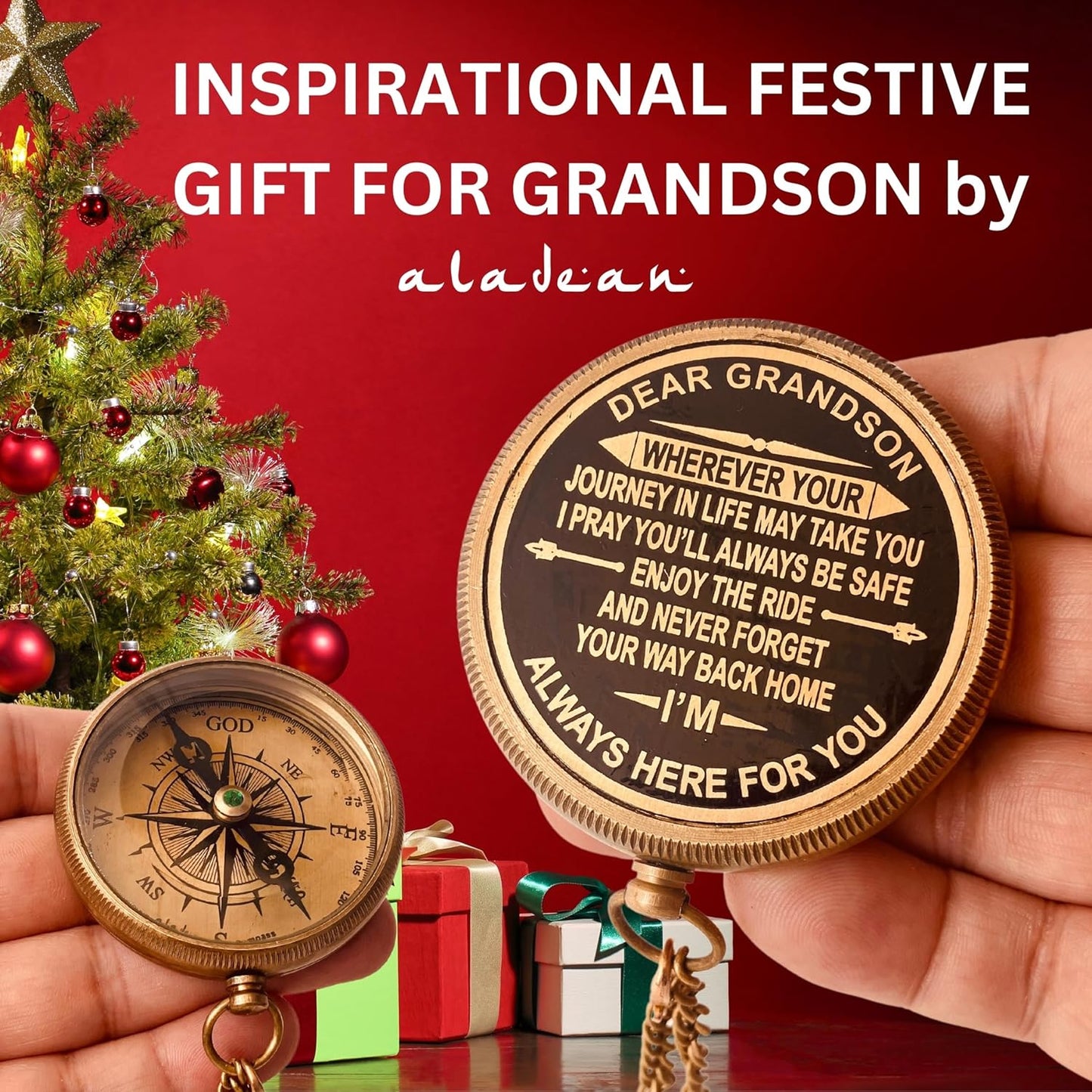 Gift for Grandson Brass Compass Engraved Quote | Memory Present to My Grandson Birthday, Baptism, Graduation, Confirmation, Love, Gift idea by Grandpa Grandma