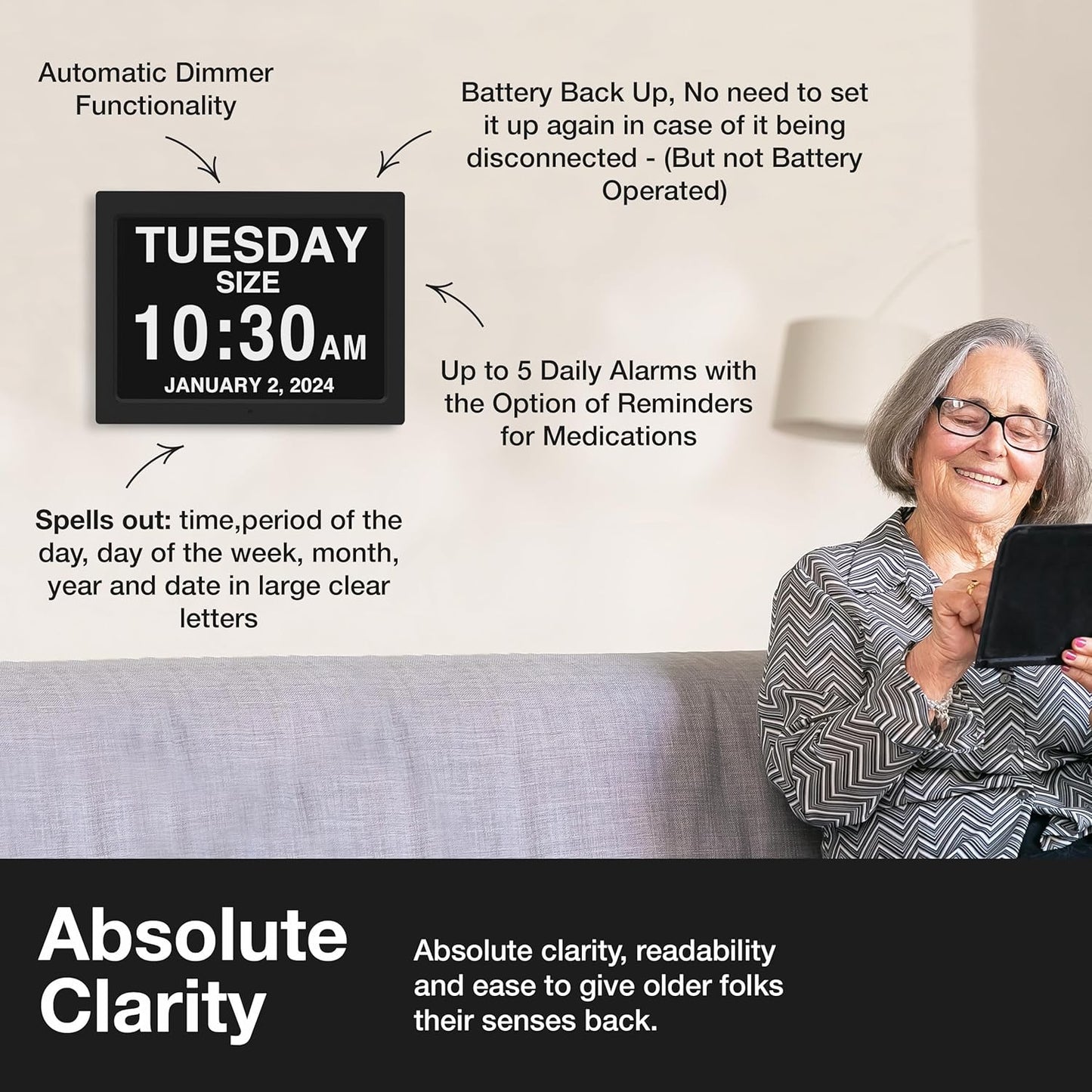 American Lifetime 【New 2025 Dementia Clock Large Digital Clock for Seniors, Alzeimer Clock Large Display with Custom Alarms, Clock with Day & Date for Elderly, Digital Calendar Black, 15 Inch