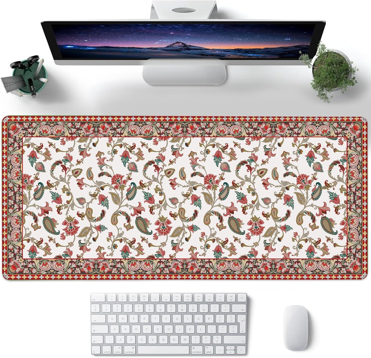 Desk Mat, Vintage Floral Large Gaming Mouse Pad with Non-Slip Base Stitched Edges,Desk pad for Keyboard and Mouse Home Office 35.4"x15.7"