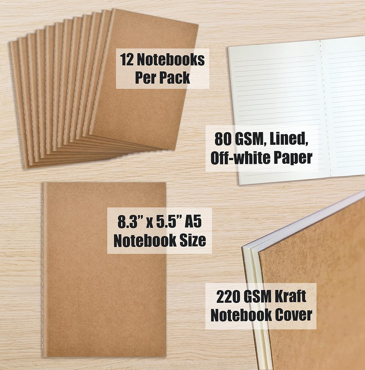 Better Office Products Kraft Notebooks Lined Paper, 12 Pack, 8.3 in x 5.5 in, A5 Size, 60 Lined Ivory Pages, 80 gsm, Soft Cover Composition Notebooks, Stitched Spines, Kraft Travel Journals