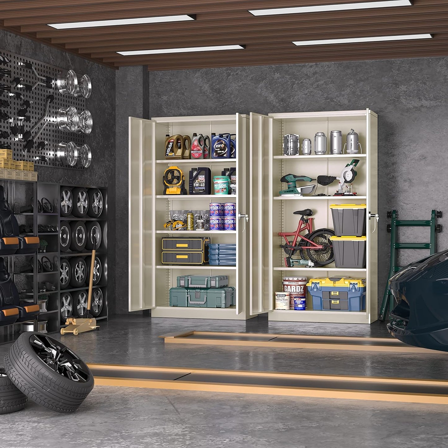 INTERGREAT Tall Metal Storage Cabinet Locking Steel with 4 Adjustable Shelves,72" Lockable Cabinets Lock 2 Doors for Office Garage Supply Home (Cream Grey)