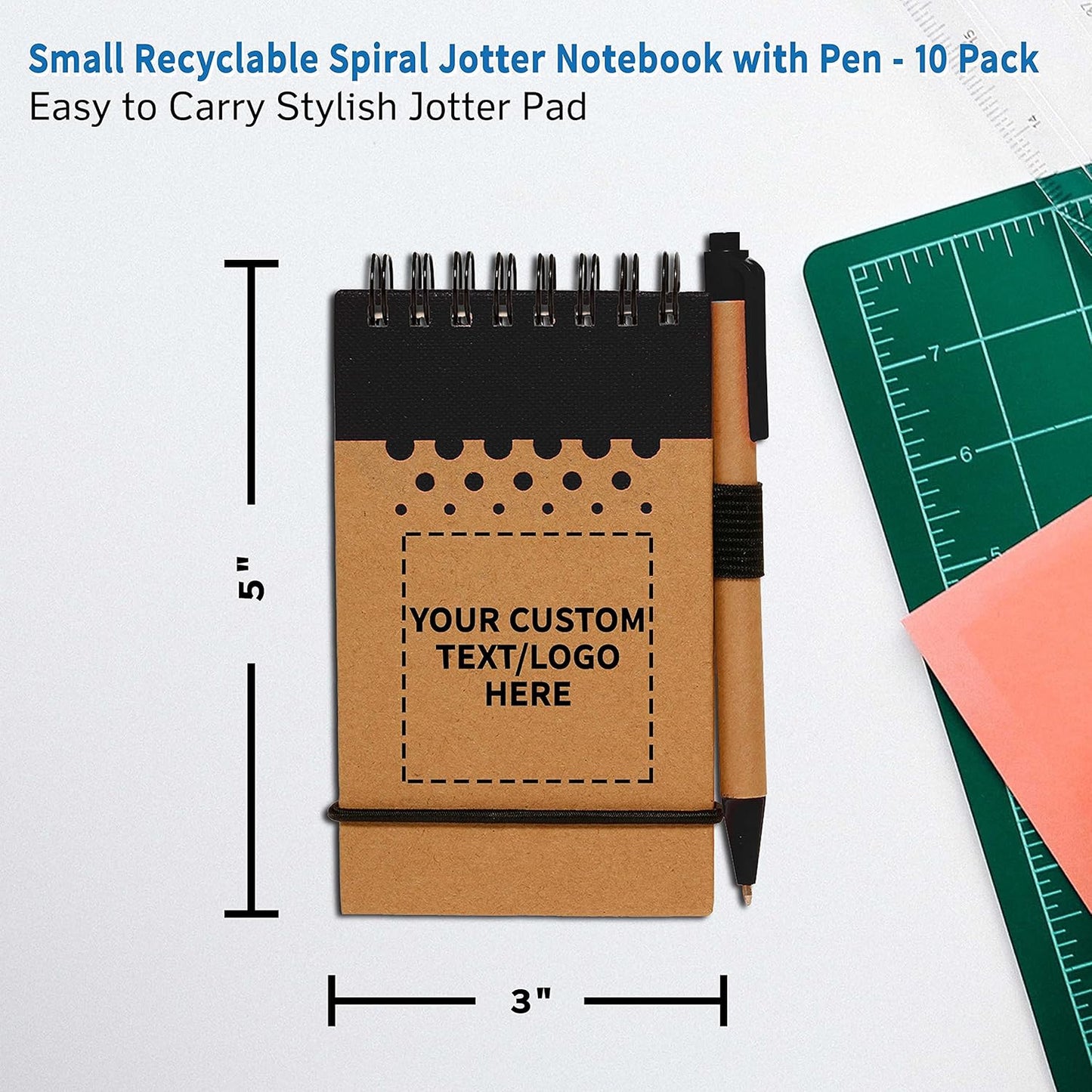 DISCOUNT PROMOS 10 Recyclable Spiral Small Notebooks Pack - Customizable Text, Logo - 60 Lined Pages - Black