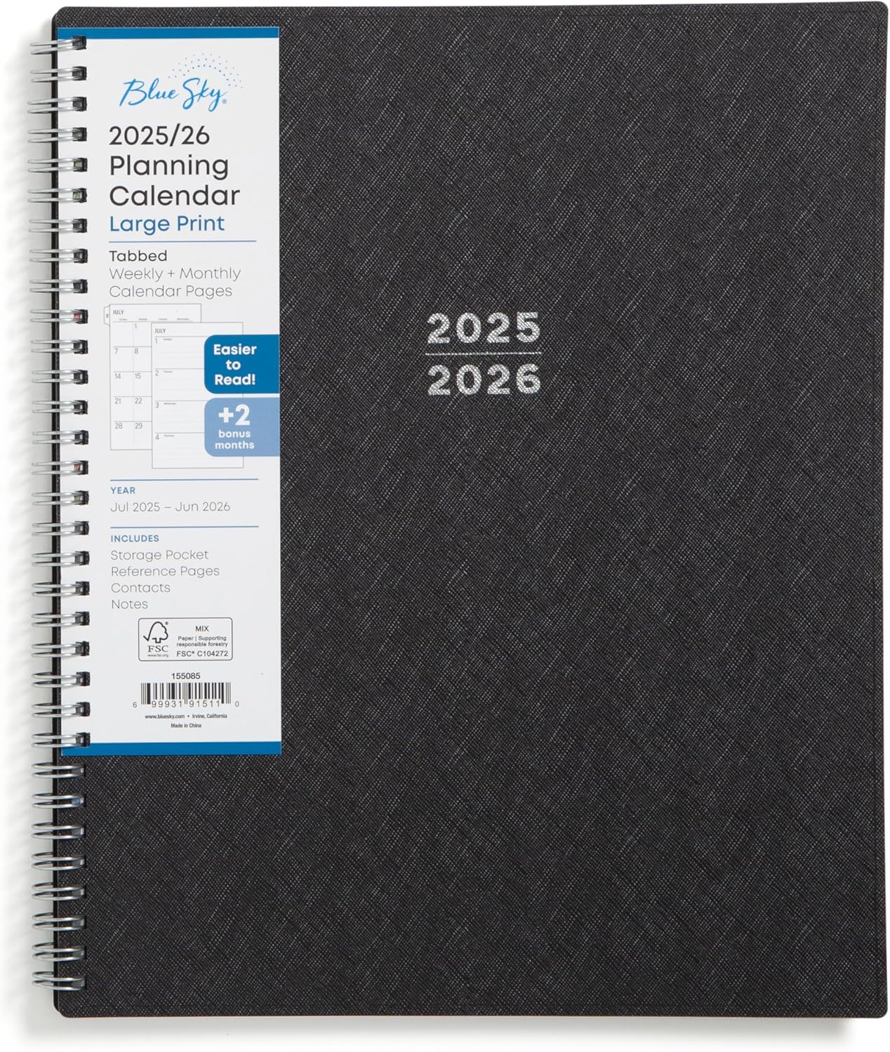 Blue Sky 2025-2026 Academic Year Large Print Weekly and Monthly Planner Calendar, July 2025 - June 2026, 12-Month, 8.5" x 11", Flexible Cover, Wirebound, Storage Pocket, Laminated Tabs, Black