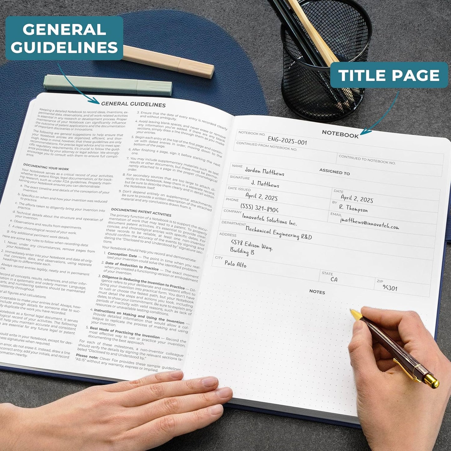 Clever Fox Engineering Notebook – Hardcover Grid Notebook with Numbered Pages, Table of Contents – Patent, Lab & Invention Journal for Engineers & STEM (Dark Blue)