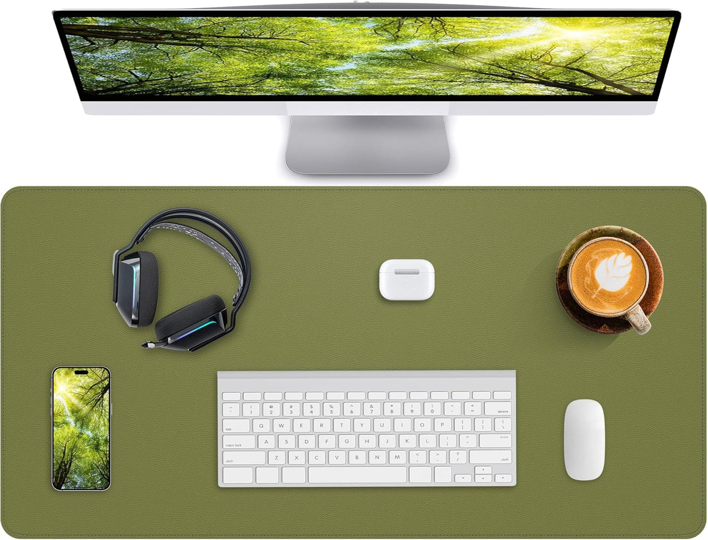 Desk Pad Mat 23.6"x13.7" - Waterproof Mouse Pad & Desk Protector, Non-Slip PU Leather for Gaming Keyboard/Mouse, Stitched Edge XL Office Desk Pad with Ergonomic Support(Green)