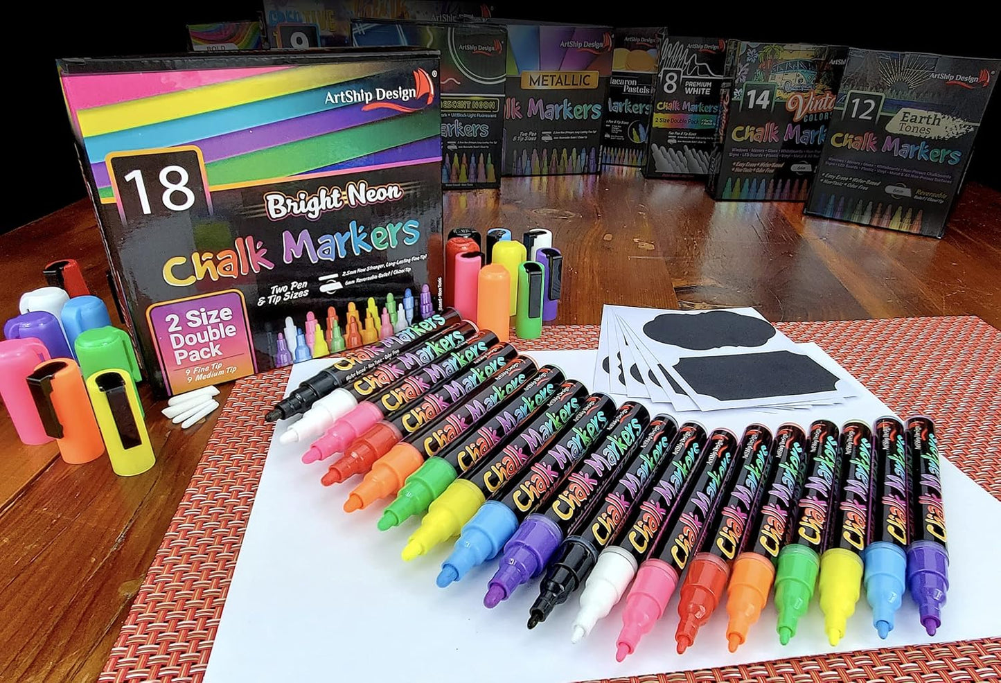 18 Neon Chalk Markers - Double Pack of Fine and Medium Tip Liquid Chalk Pens - Wet Erasable for Menu Boards, Glass, Windows, Whiteboards, Classrooms, Mirrors, Plastic