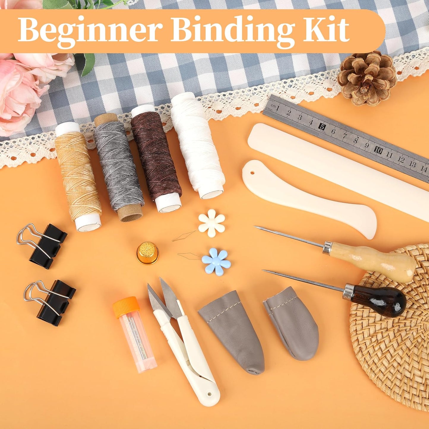 39 Pcs Bookbinding Tools Kit with Bone Folder, Waxed Thread, Binding Ribbon, Glue Brush, Awl, Needles, Ruler for DIY Bookbinding, Paper Crafts, and Book Repair