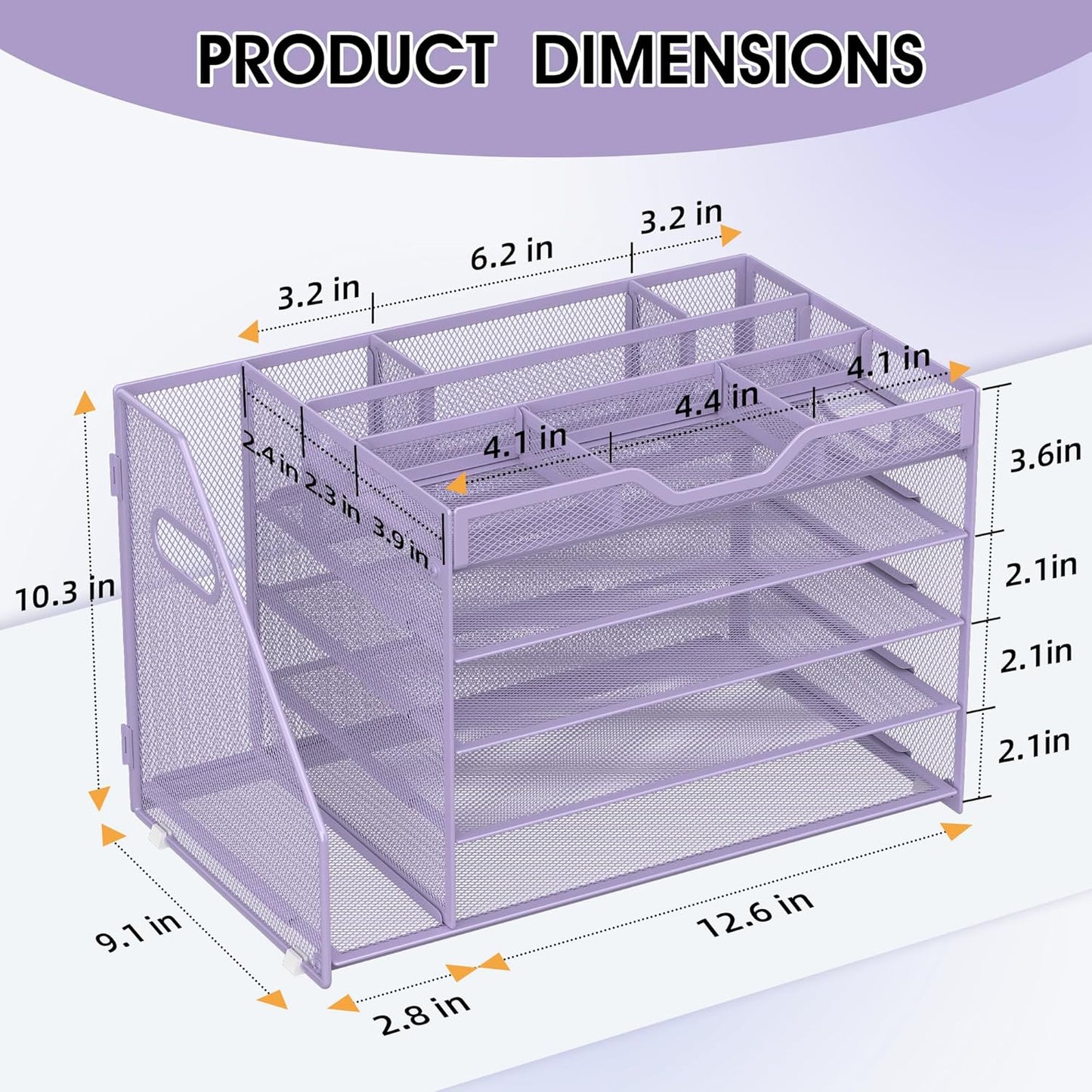 5 Tier Paper Letter Tray with File Holder and 3 Drop-in Pen Holders, Mesh Desk File Organizer with Handle, Desk Organizers and Accessories for School,Home, Office Supplies Storage-Purple