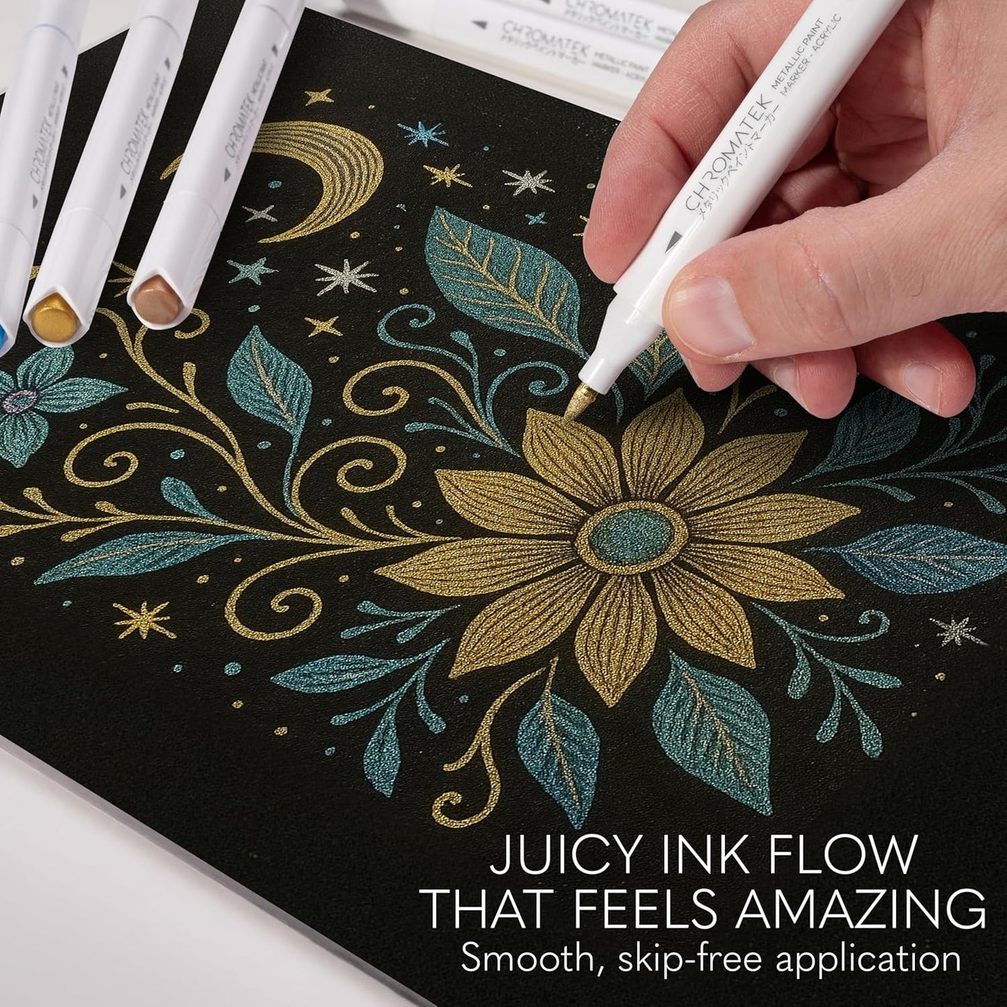 CHROMATEK Dual Tip Metallic Paint Markers - 12 Colors Brush & Chisel Tip Paint Pens for Black Paper, Rock Painting, Scrapbooking, Card Making, Photo Album, Glass, DIY Crafts Art Supplies, Waterproof