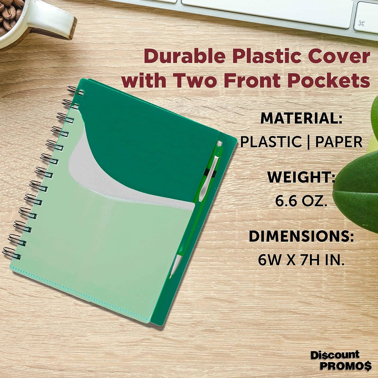 DISCOUNT PROMOS Spiral Notebooks with Front Pocket Set of 10, Bulk Pack - Durable Plastic Cover, Includes Matching Pen in Blank Ink, Perfect for School, Office, Home - Green