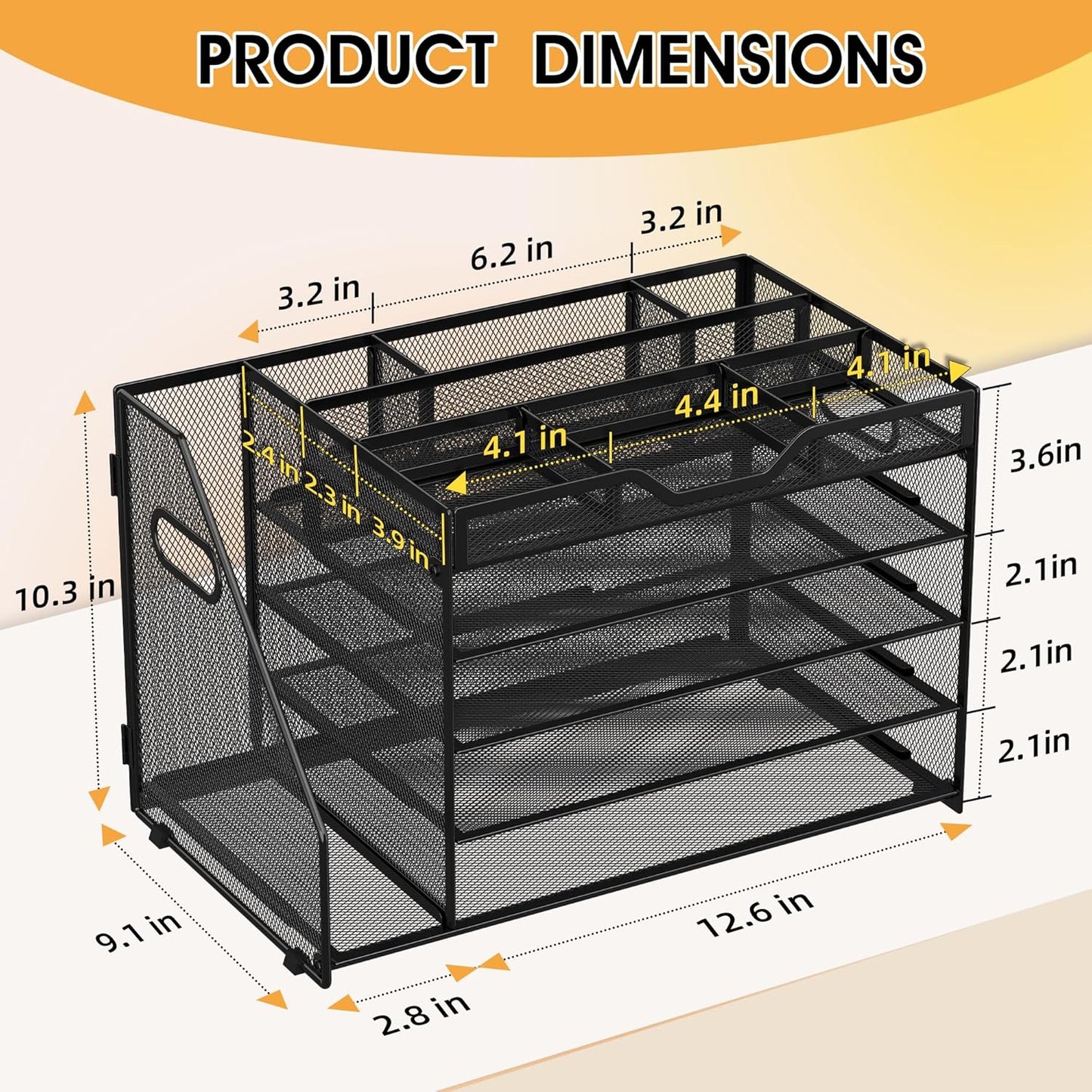5 Tier Paper Letter Tray with File Holder and 3 Drop-in Pen Holders, Mesh Desk File Organizer with Handle, Desk Organizers and Accessories for School,Home, Office Supplies Storage-Black